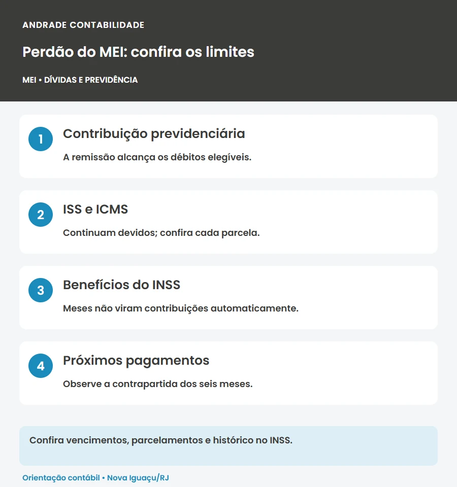 Perdão da dívida do MEI: dívida abrangida pode ser extinta, ISS e ICMS permanecem e meses não viram contribuições automaticamente